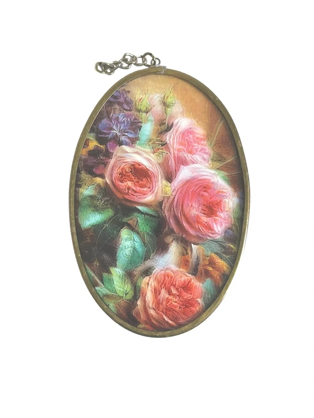 Vintage Oval Hanging Wall Plaques - Angel on Moon & Floral Bouquet